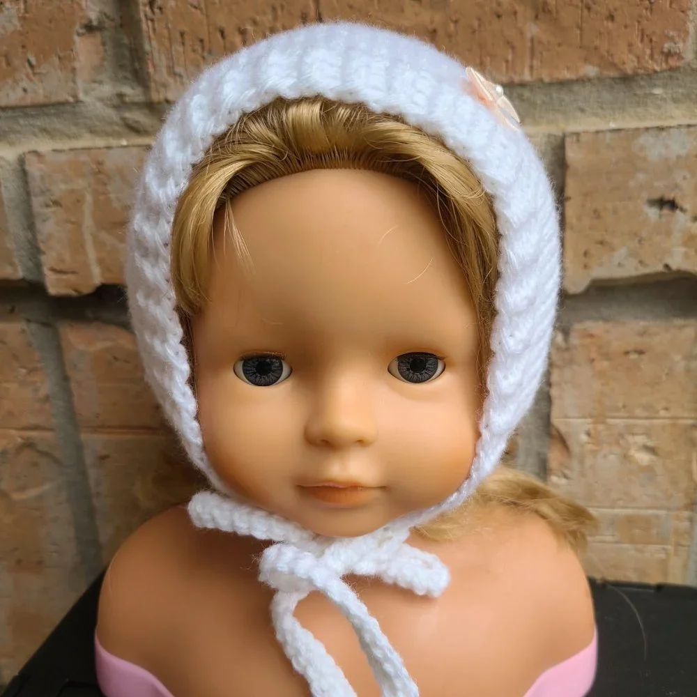 Baby Girl Hat BONNET knitted Acrylic Handmade Knit White Size 3-5 Months